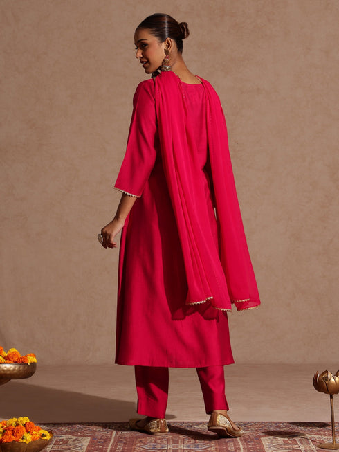 Janasya Women's Pink Silk Blend Yoke Embroidered A-line Kurta Set